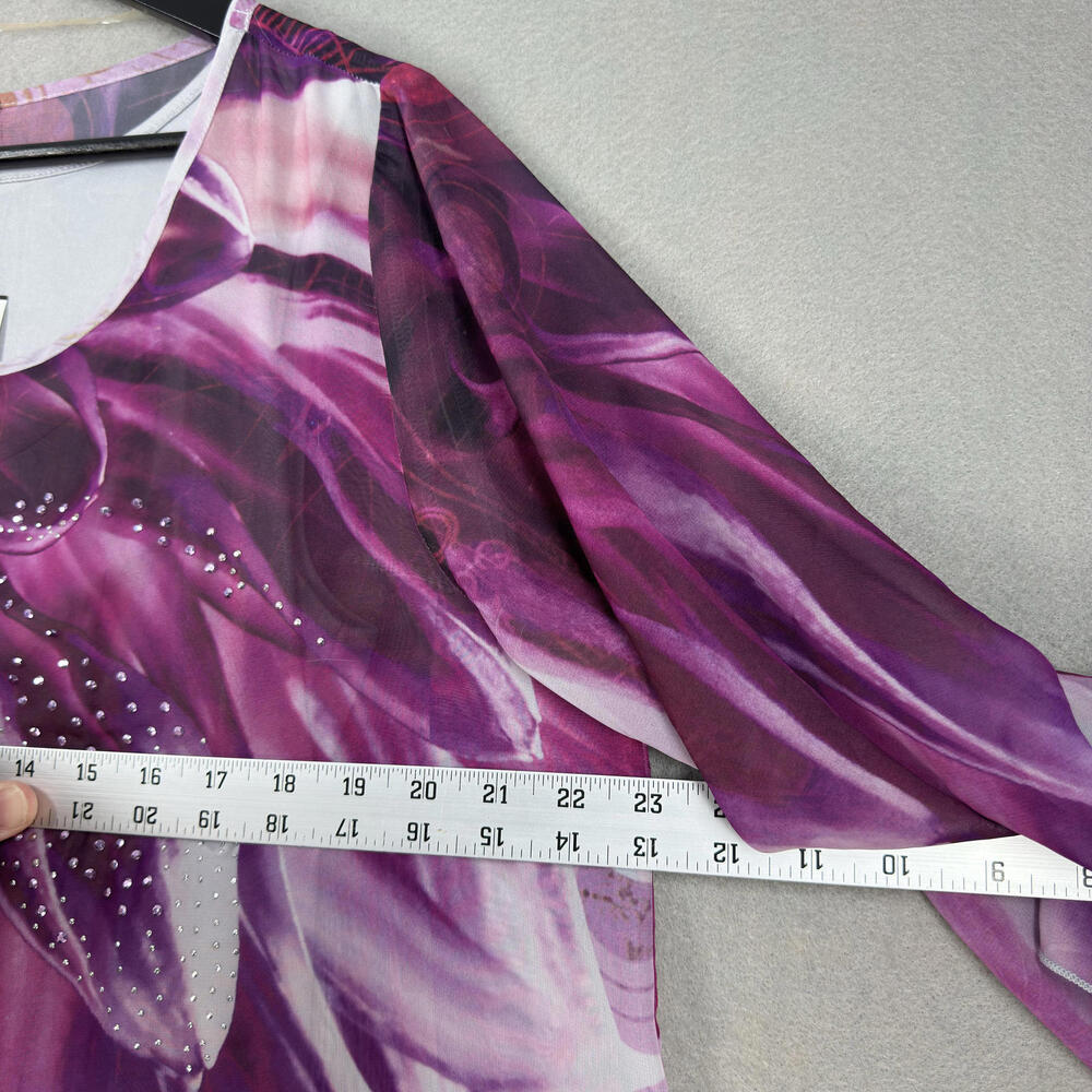 One World Women's Purple Floral Tunic Top‎ with Sequin Detail Size L w/ Liner - Picture 8 of 9